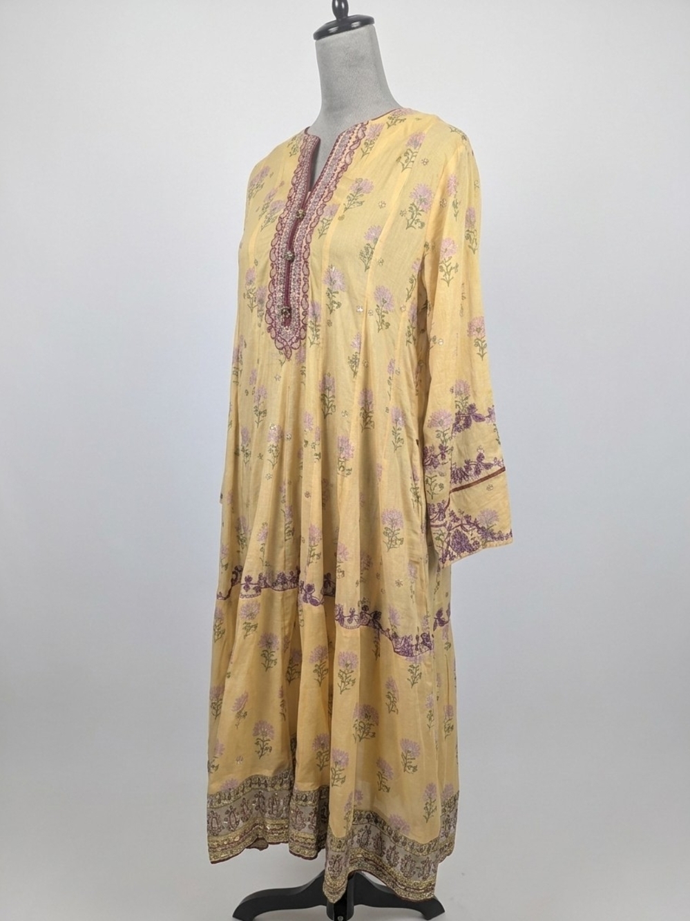 Ethnic Indian Wear Yellow Floral Long-Sleeve Maxi Dress with Purple Embroidery